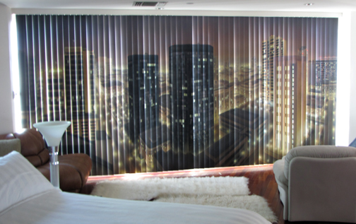 vertcal blind mural installed, left panel