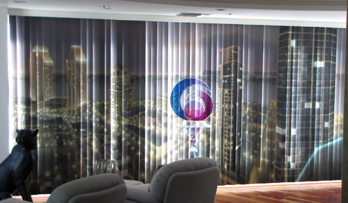 vertical blind mural installed, right panel