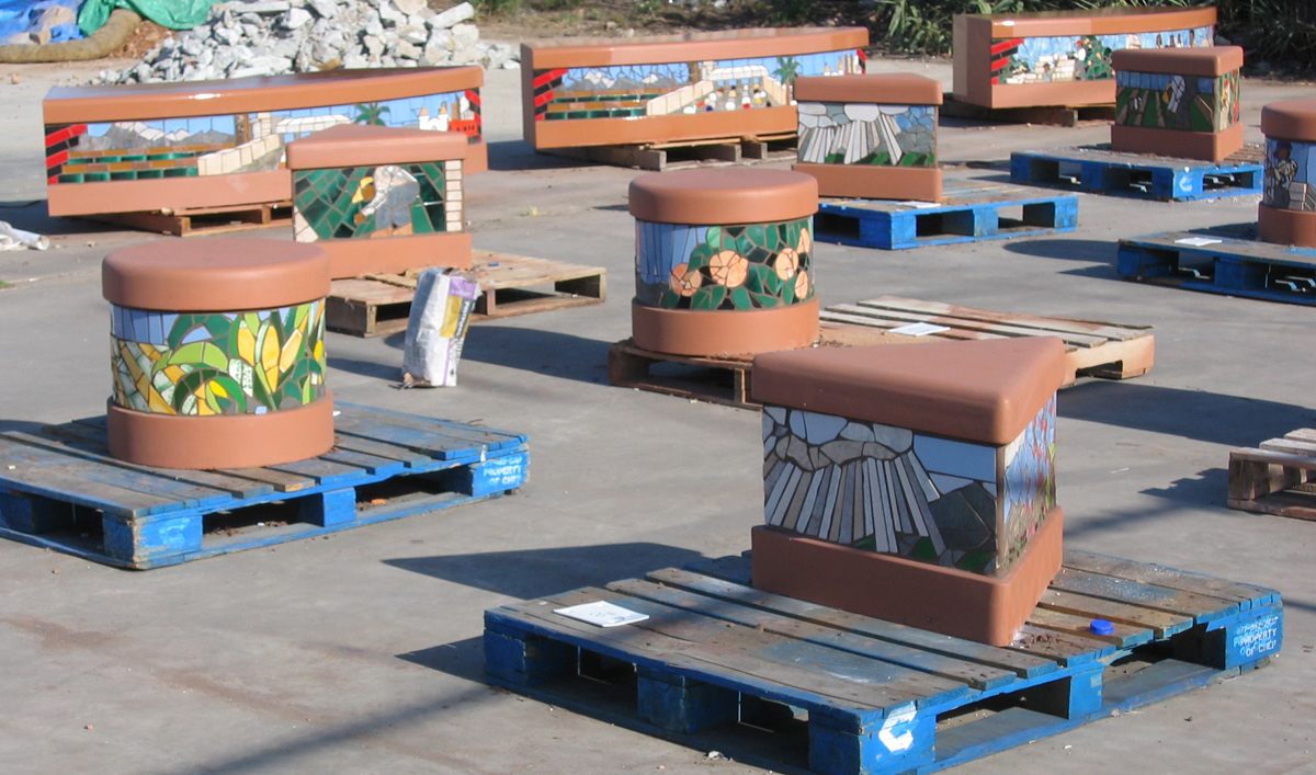 tile mosaic benches ready for install Cesar Chavez Trolley Station mosiac murals