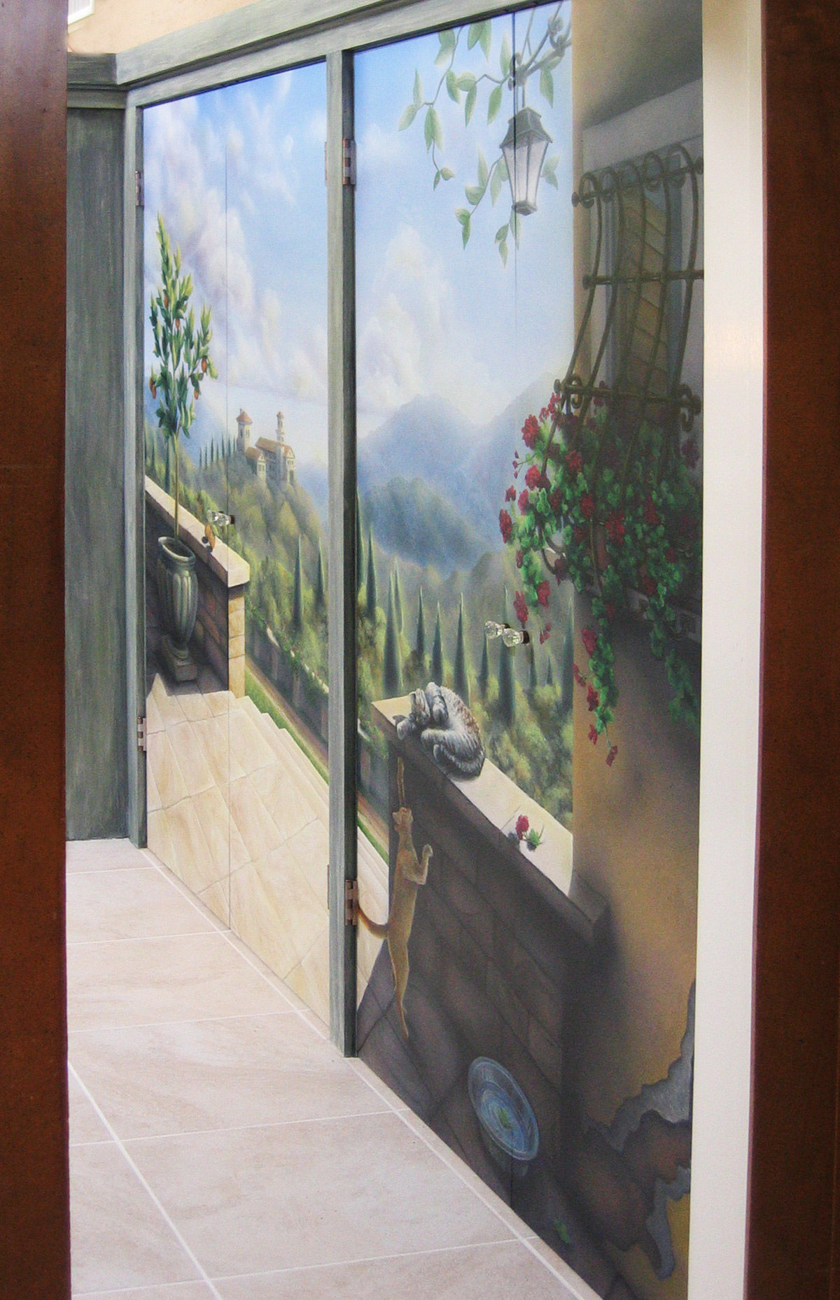 Tuscan mural trompe l'oeil on pantry doors Tuscan view mural painted on pantry doors